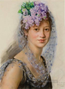印象派 Painting - 花の魅惑的なベルトのポポフの肖像画 1941 年 美しい女性 女性